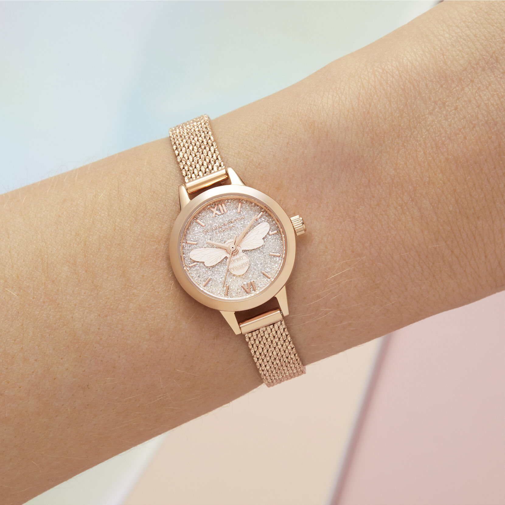 Lucky Bee Mini Dial Rose Gold Boucle Mesh Watch