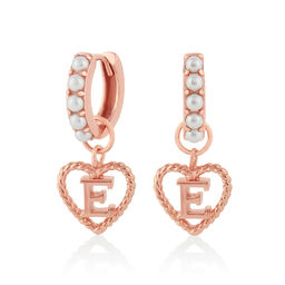 'E' Faux Pearl Heart Initial Huggie Hoop Rose Gold