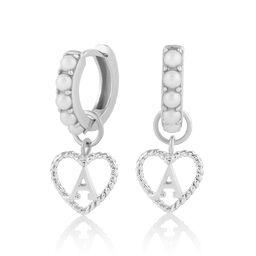 'A' Faux Pearl Heart Initial Huggie Hoop Silver