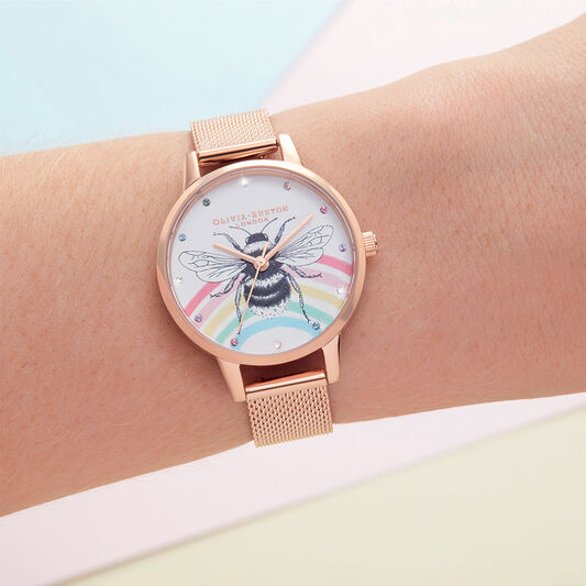 Illustrated Animals Rainbow Bee, Rose Gold Mesh