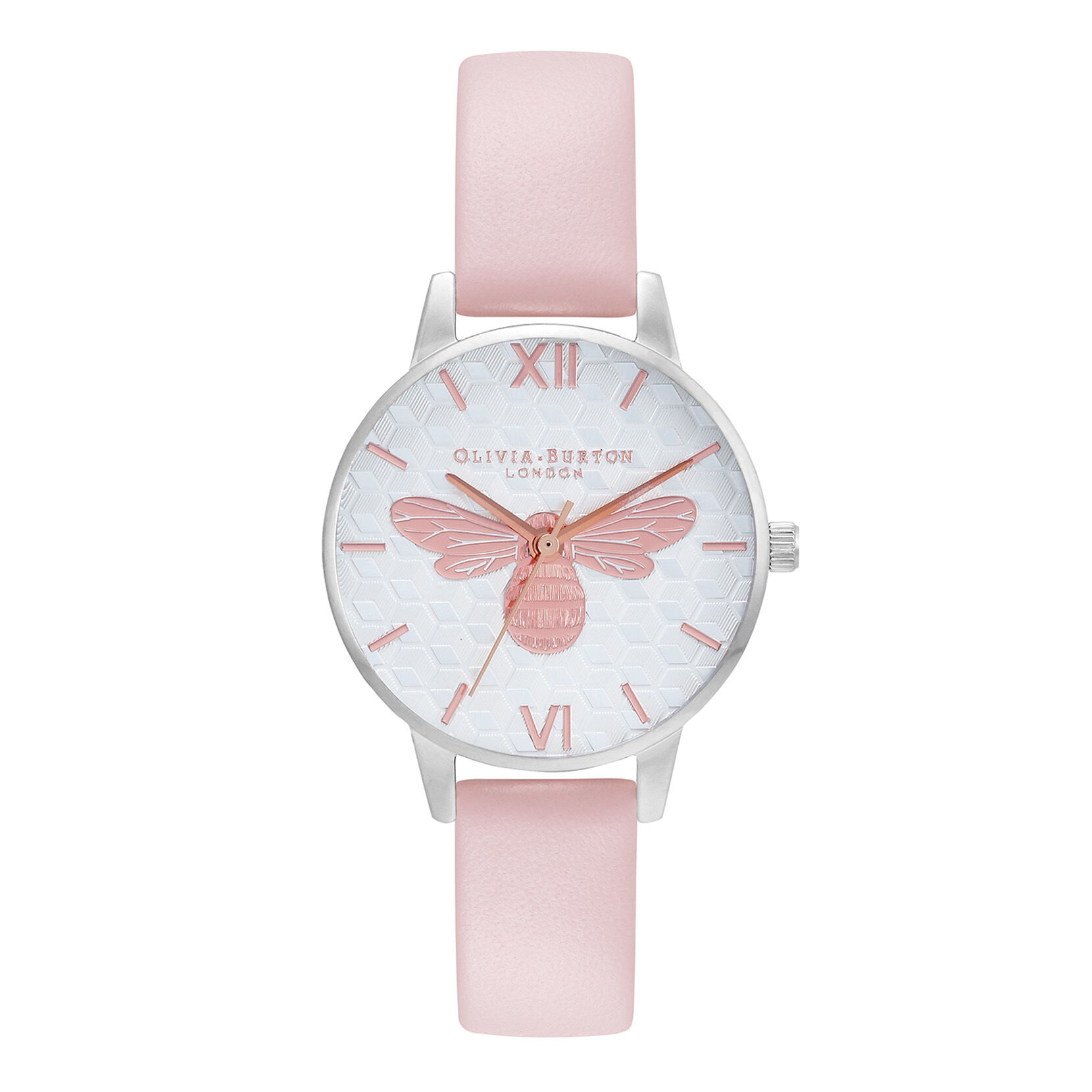 Honey Bee 30mm Silver & Pink Leather Strap Watch