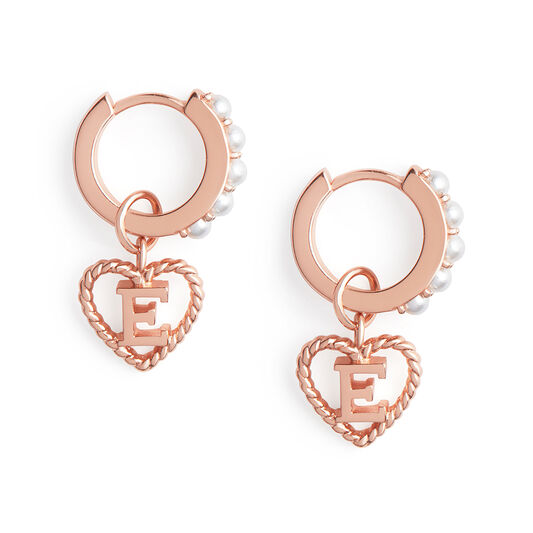 'E' Faux Pearl Heart Initial Huggie Hoop Rose Gold