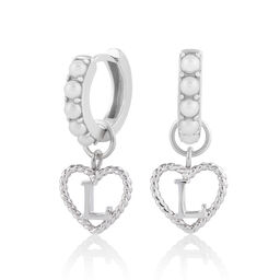'L' Faux Pearl Heart Initial Huggie Hoop Silver