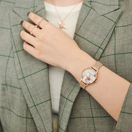 Marble Floral Rose Gold Mesh Watch