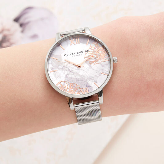 Abstract Florals Silver Mesh Watch