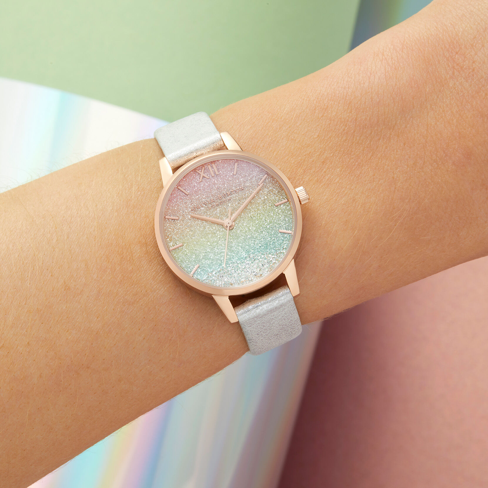 Rainbow 30mm Rose Gold & Pink Leather Strap Watch | Olivia Burton 