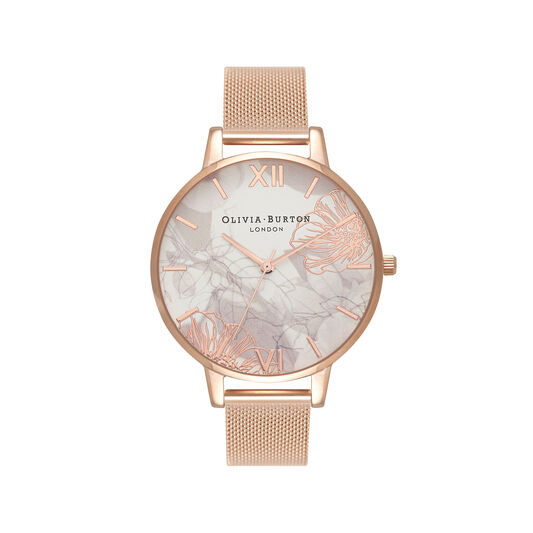 Abstract Florals Rose Gold Mesh Watch