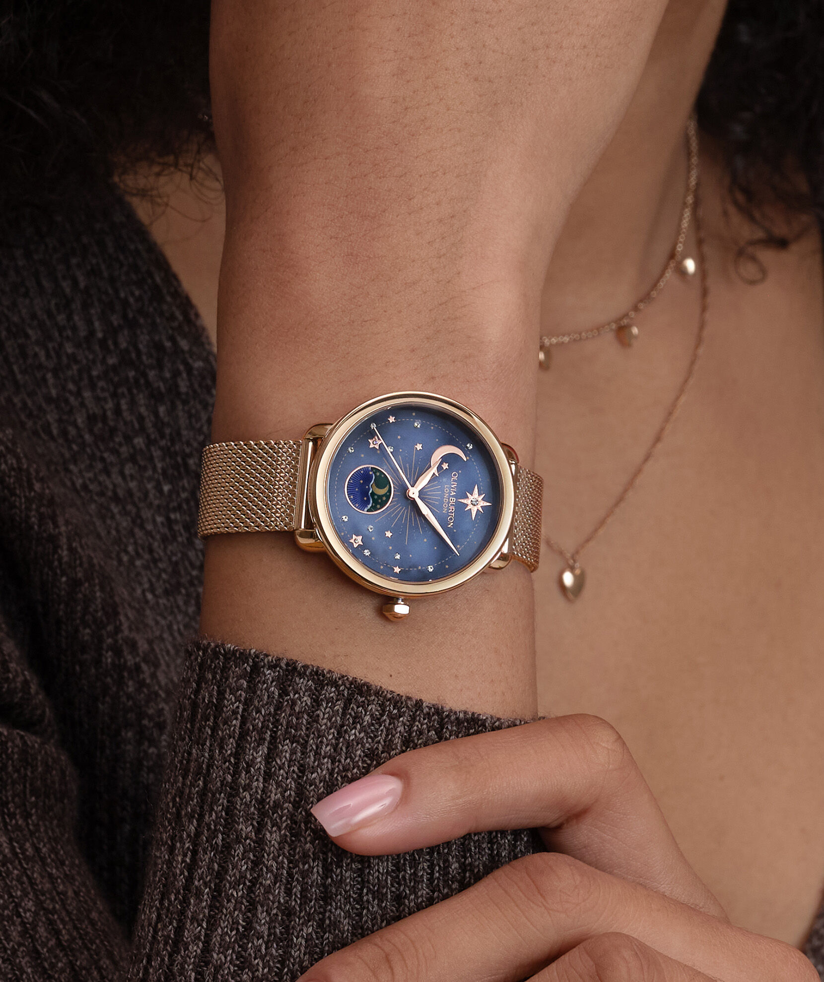 Celestial 34mm Moon Phase Navy & Rose Gold Mesh Watch | Olivia