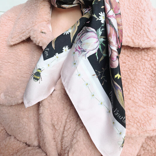 Signature Floral Square Silk Scarf Black