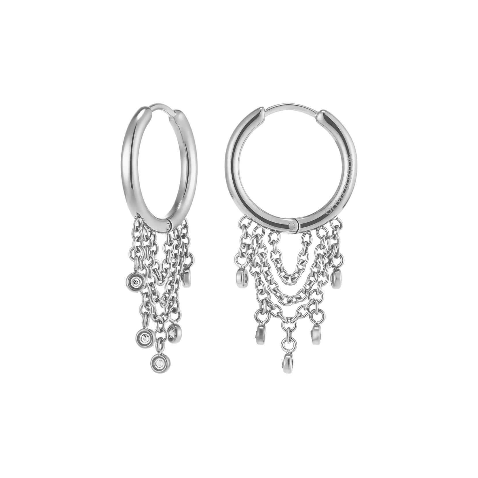 Crystal Chain Silver Tone Huggie Hoop Earrings