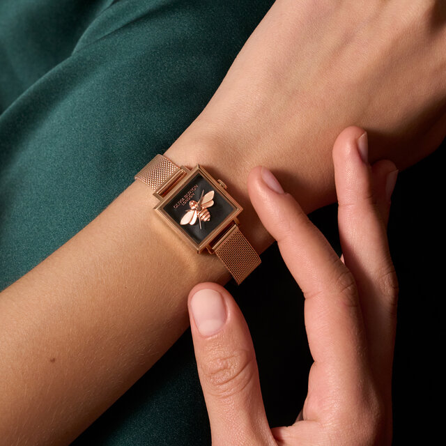 23mm Lucky Bee Black & Rose Gold Mesh Watch