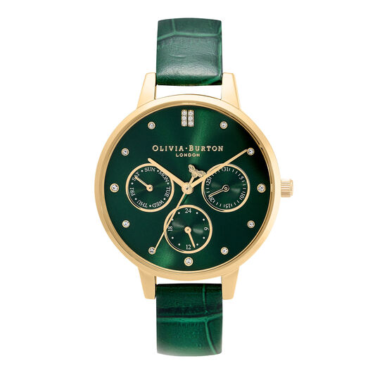 Multifunction 34mm Gold & Forest Green Leather Strap Watch