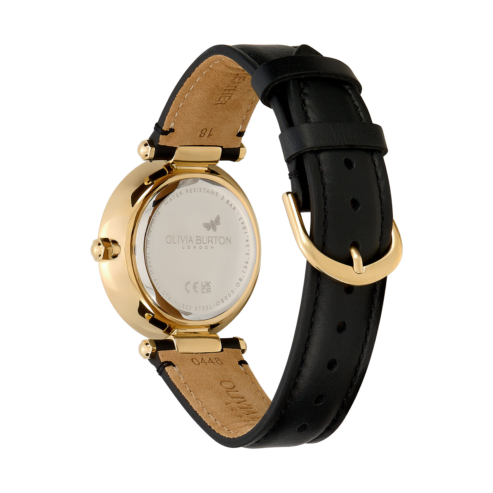 34mm Floral T-Bar Gold & Black Leather Strap Watch