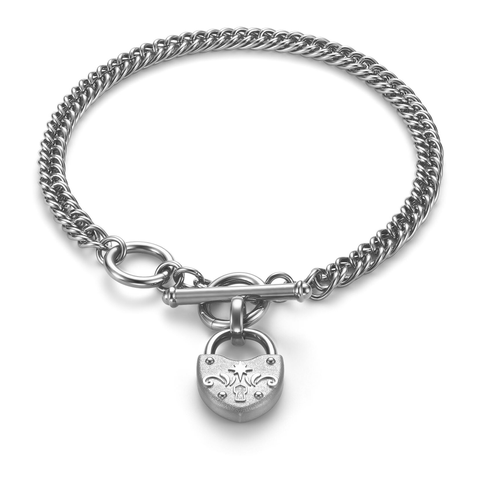 Lock Heart Silver Tone Toggle Bracelet