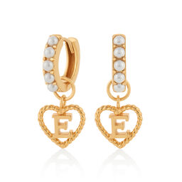 'E' Faux Pearl Heart Initial Huggie Hoop Gold