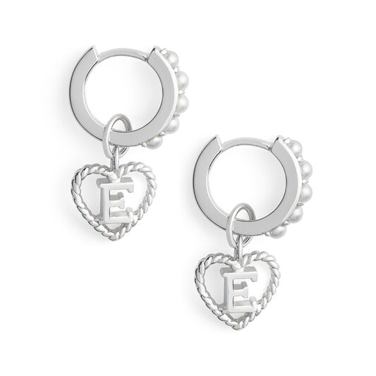 'E' Faux Pearl Heart Initial Huggie Hoop Silver