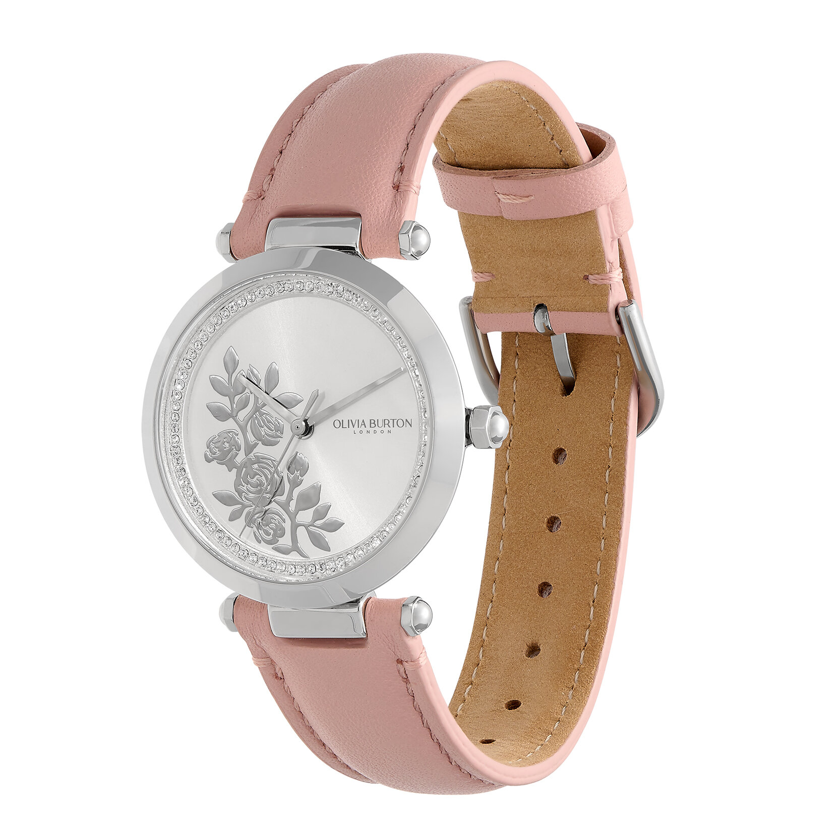 34mm Floral T-Bar Silver & Rose Leather Strap Watch