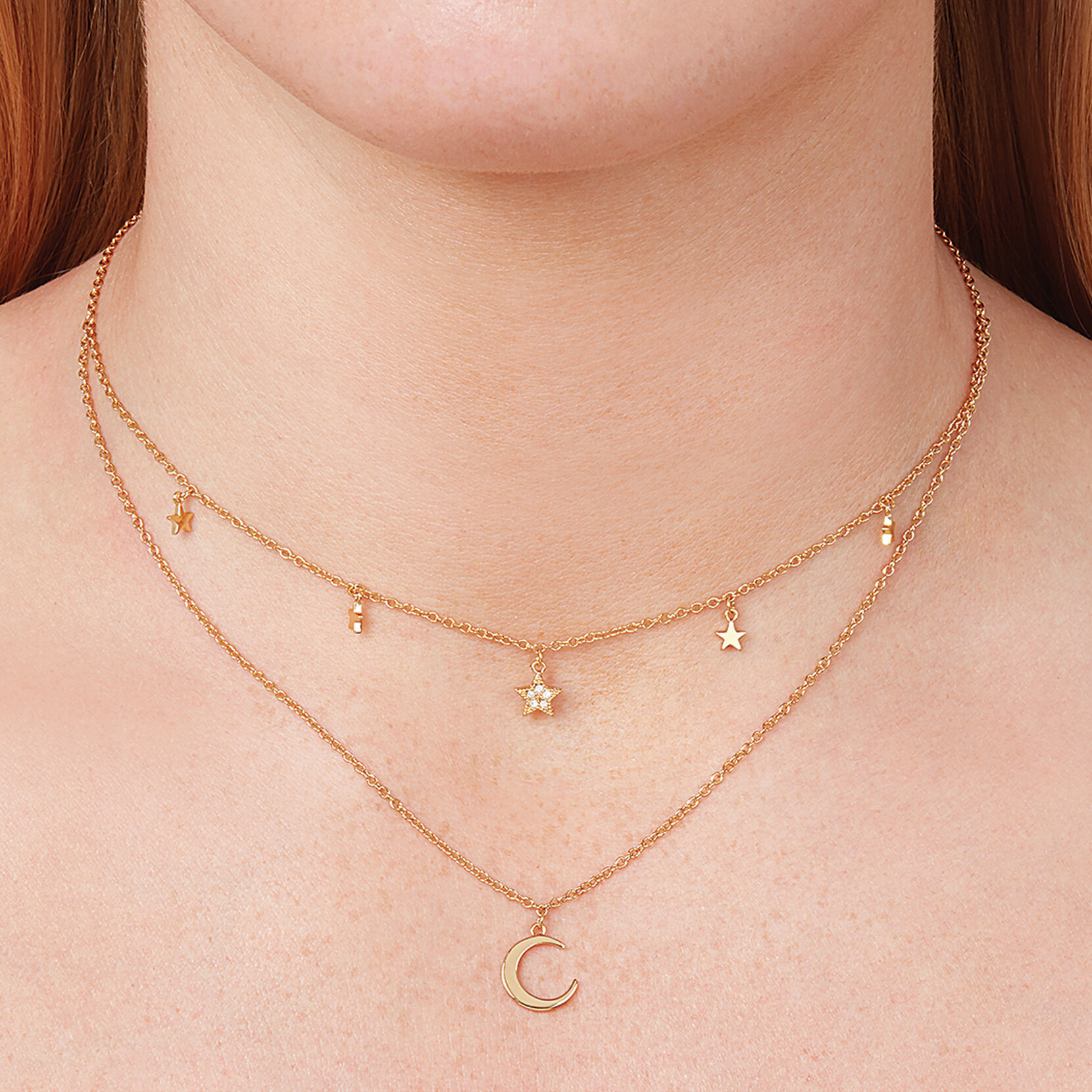 Gold Moon & Star Double Chain Necklace