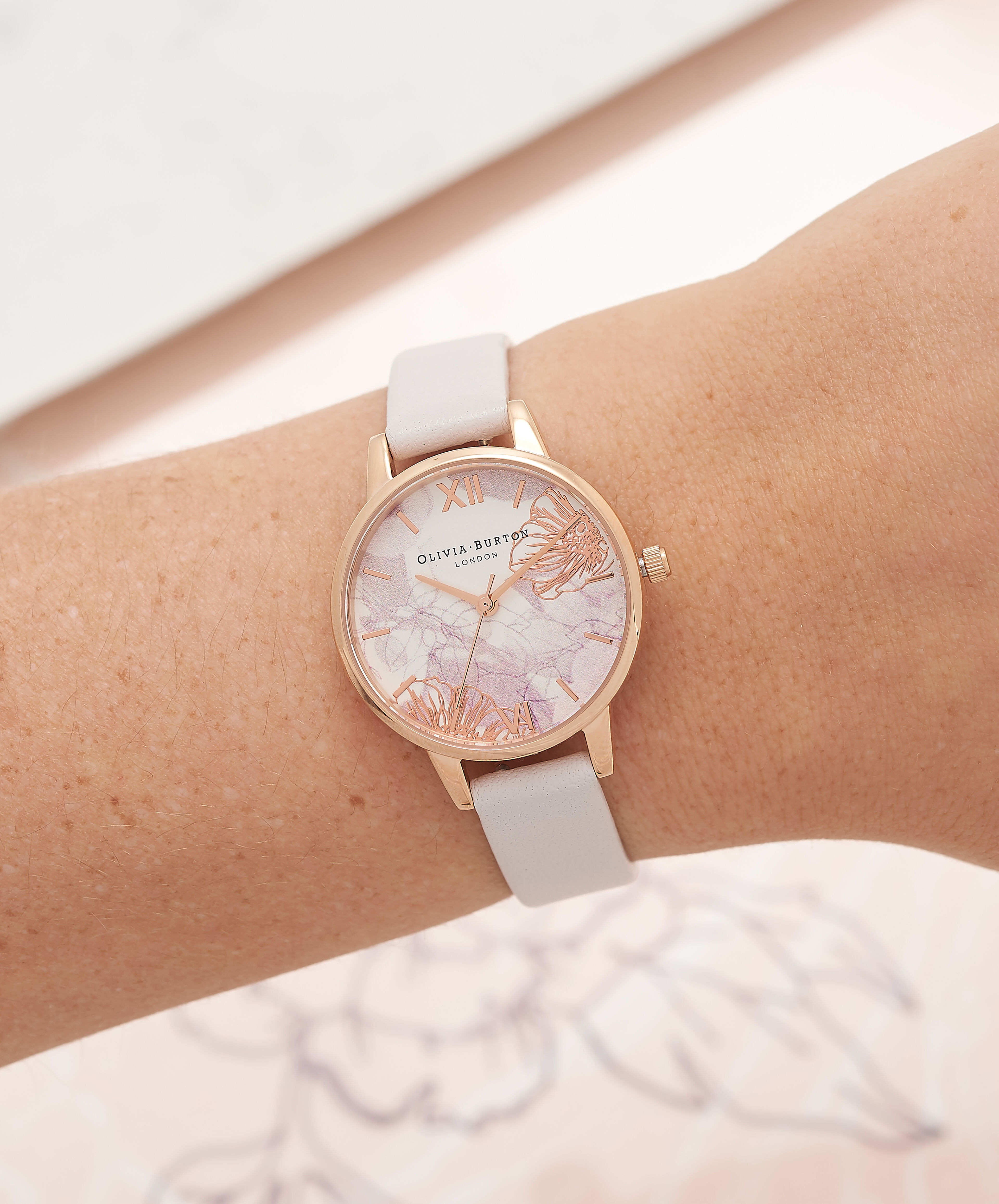 Abstract Florals 30mm Rose Gold & Blush Leather Strap Watch 