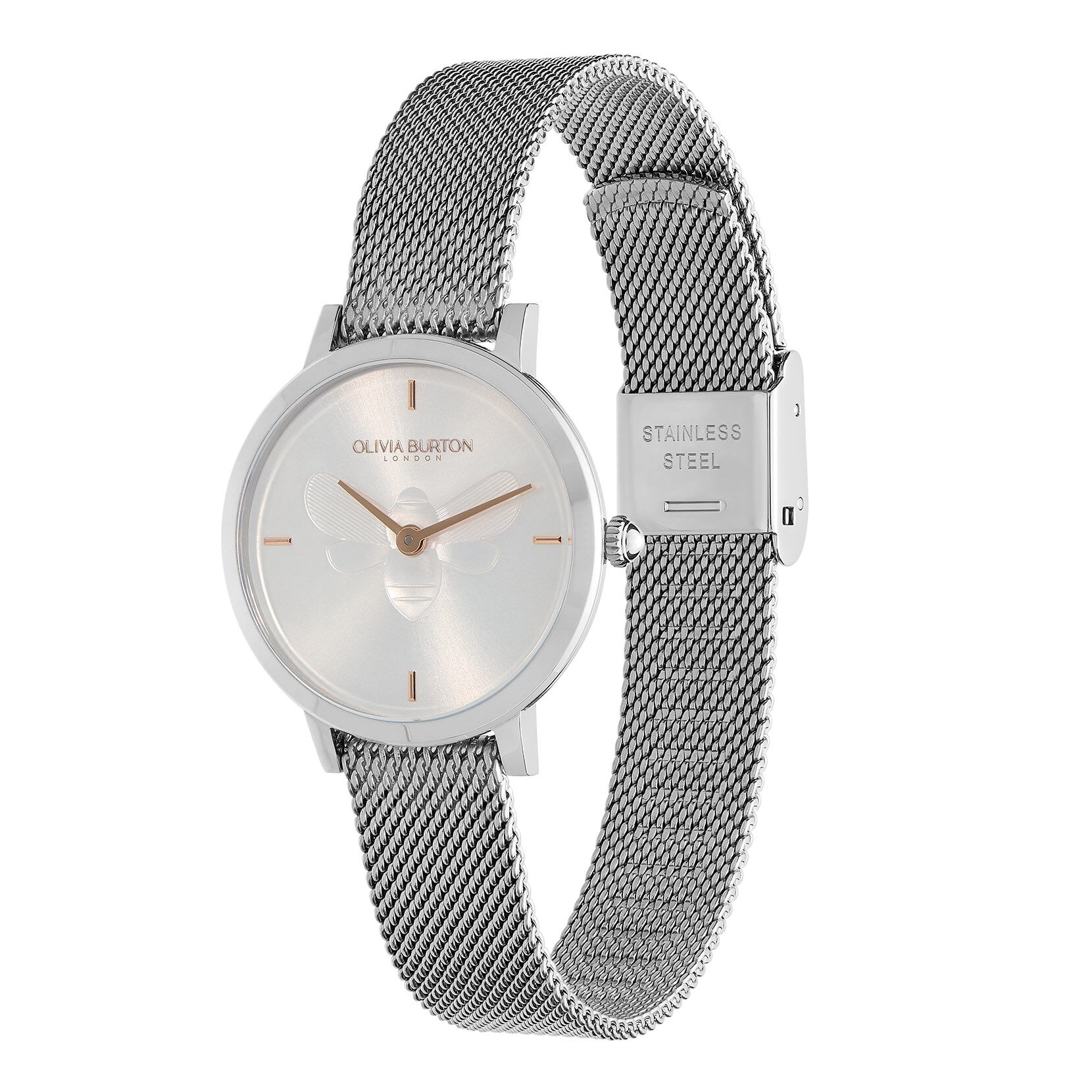 Signature 28mm Bee Ultra Slim Silver Mesh Watch Minima Bee Bracelet Gift Set Olivia Burton London