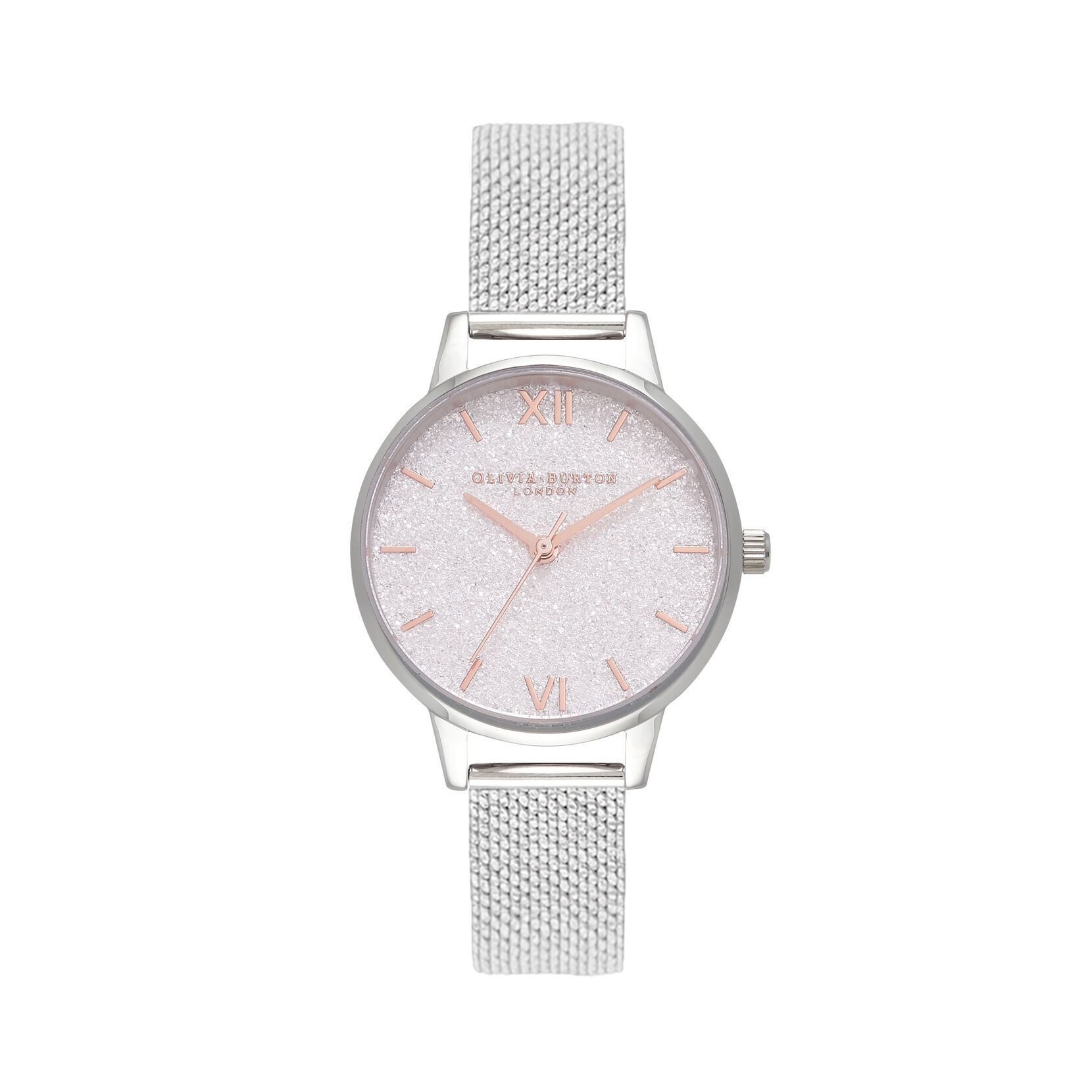 Glitter Dial 30mm White Silver Mesh Watch Olivia Burton London