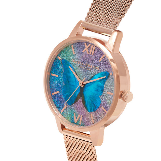Glitter Demi Dial Mother Of Pearl Butterfly Rose Gold Mesh Watch