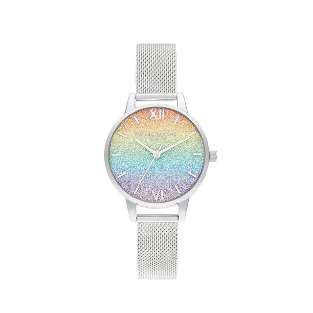 Rainbow Glitter Midi Dial Silver Mesh Watch