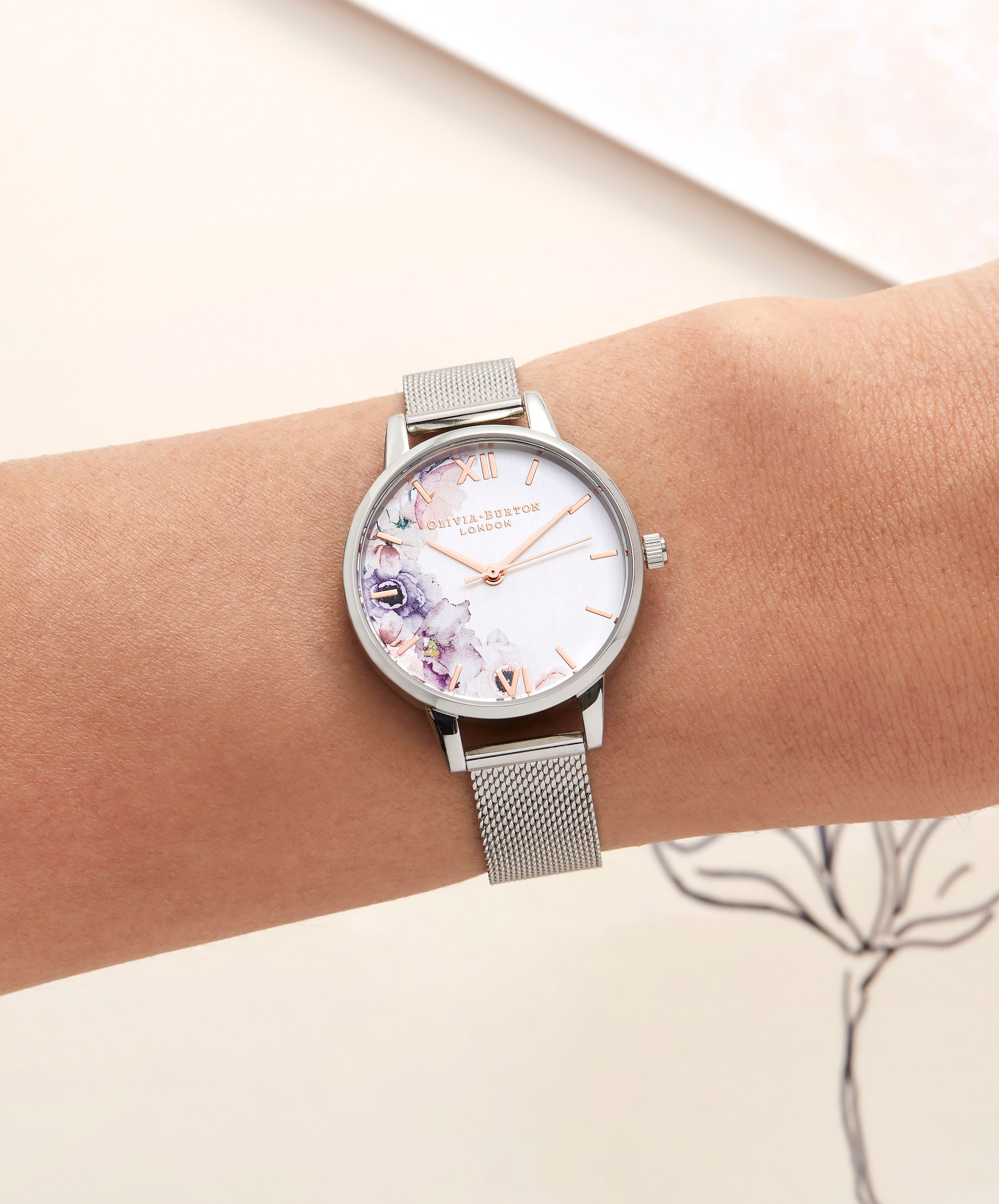 Olivia burton watercolour florals silver mesh outlet