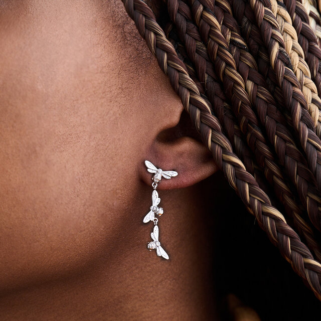 Silver Bee Drop Earrings