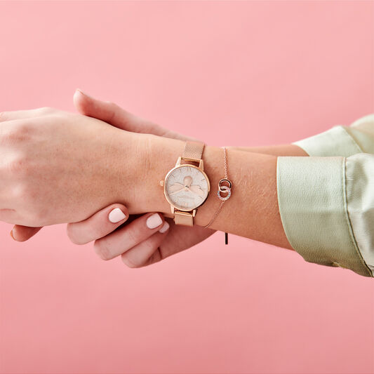 Glitter Dial Lucky Bee & Rose Gold Mesh