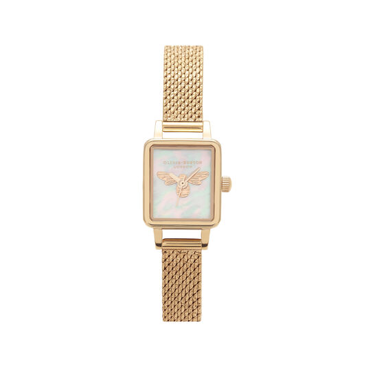 Lucky Bee Mini White Mother Of Pearl, Tank Dial & Gold Mesh Watch