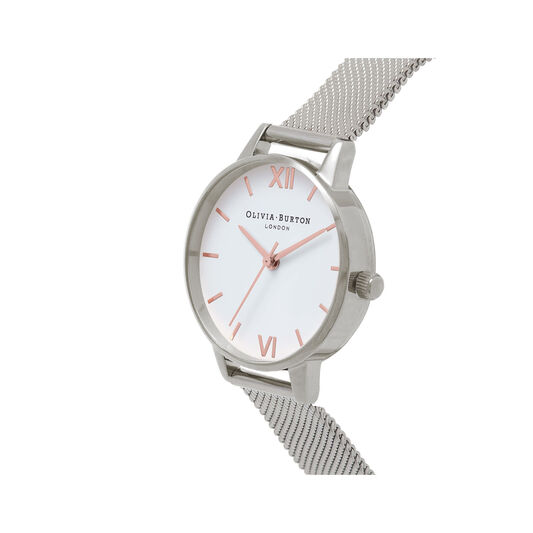Midi Dial White Dial & Silver Mesh Watch