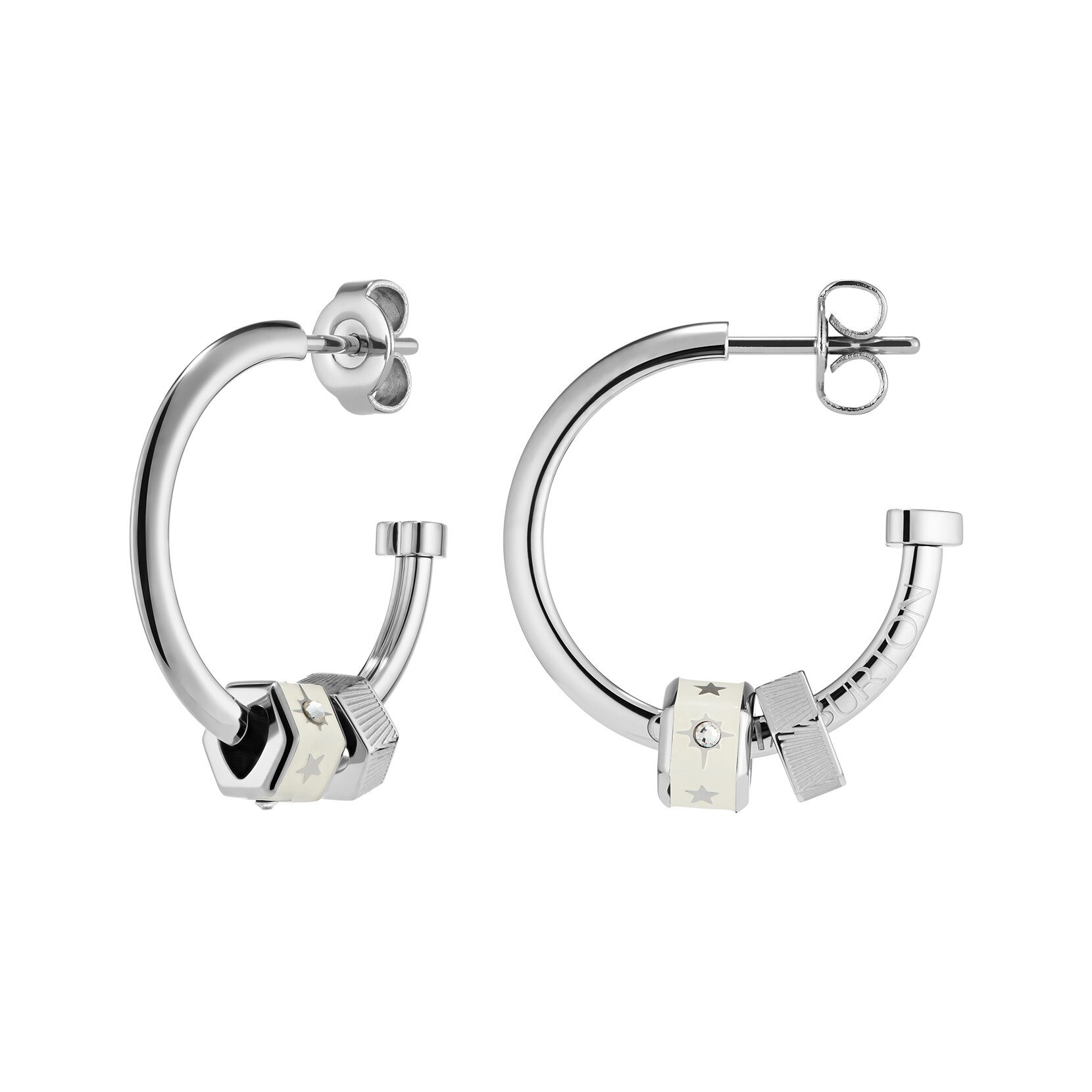 Ivory & Silver Tone Bead Charm Hoop Earrings