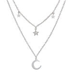Celestial Double Crescent Moon and Star Necklace Silver