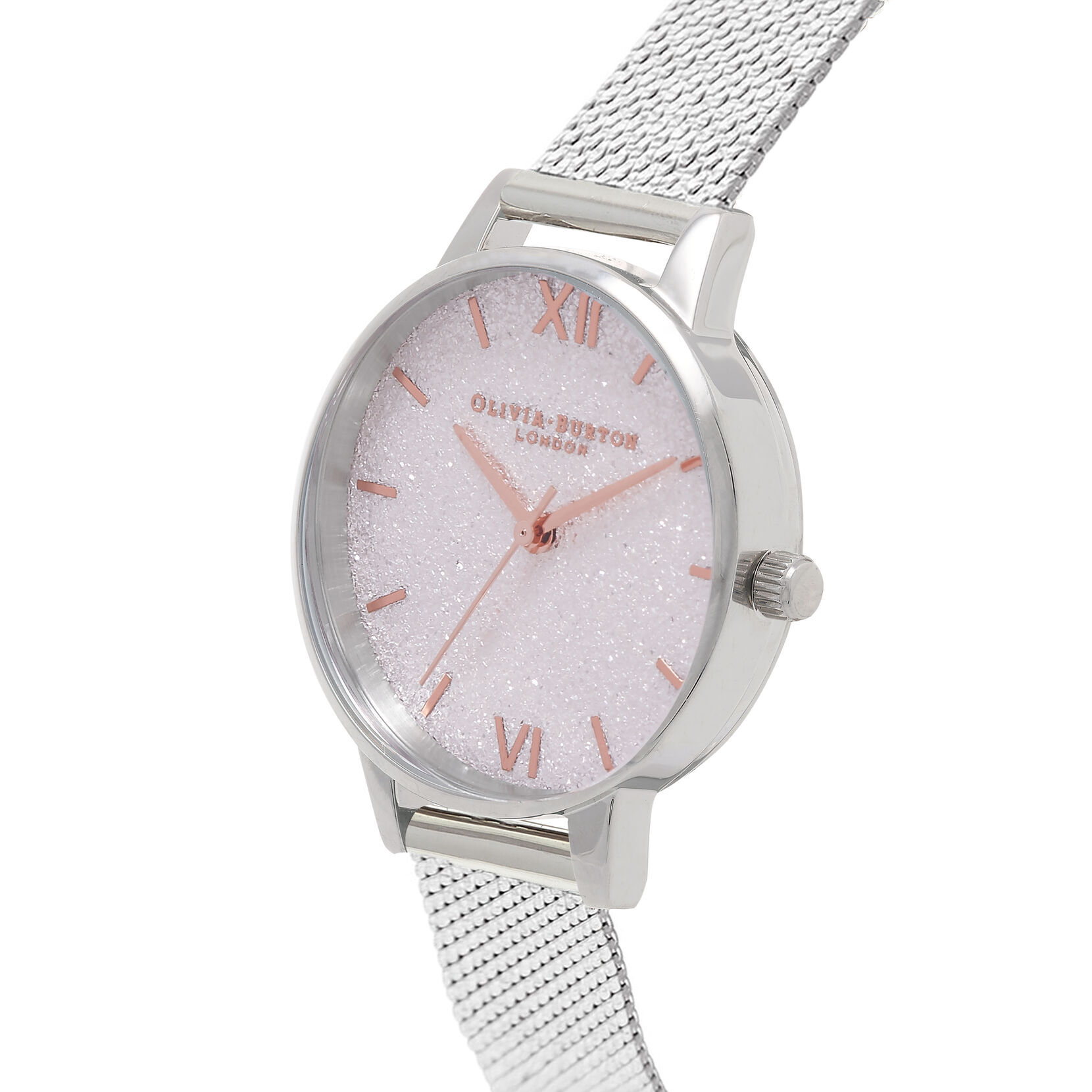 Midi White Glitter Dial Silver Mesh Watch Olivia Burton London