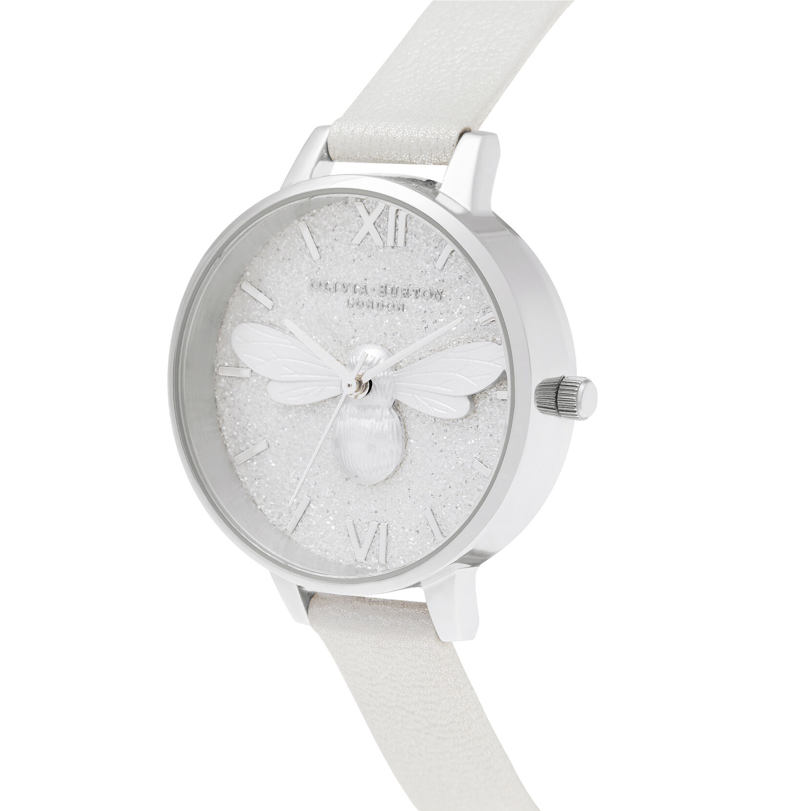 34mm Lucky Bee Silver & Grey Leather Strap Watch