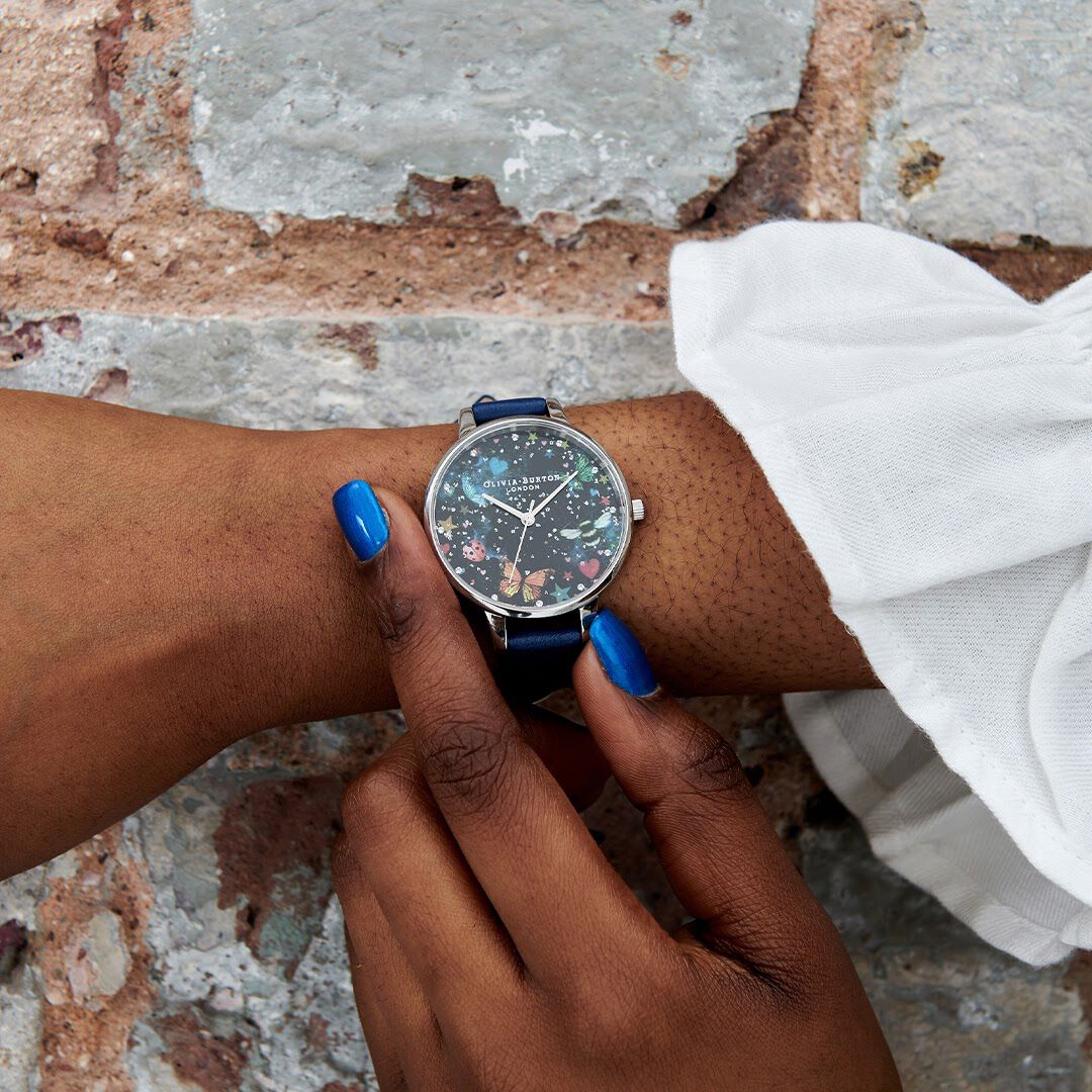 Night Garden 34mm Silver Blue Leather Strap Watch Olivia
