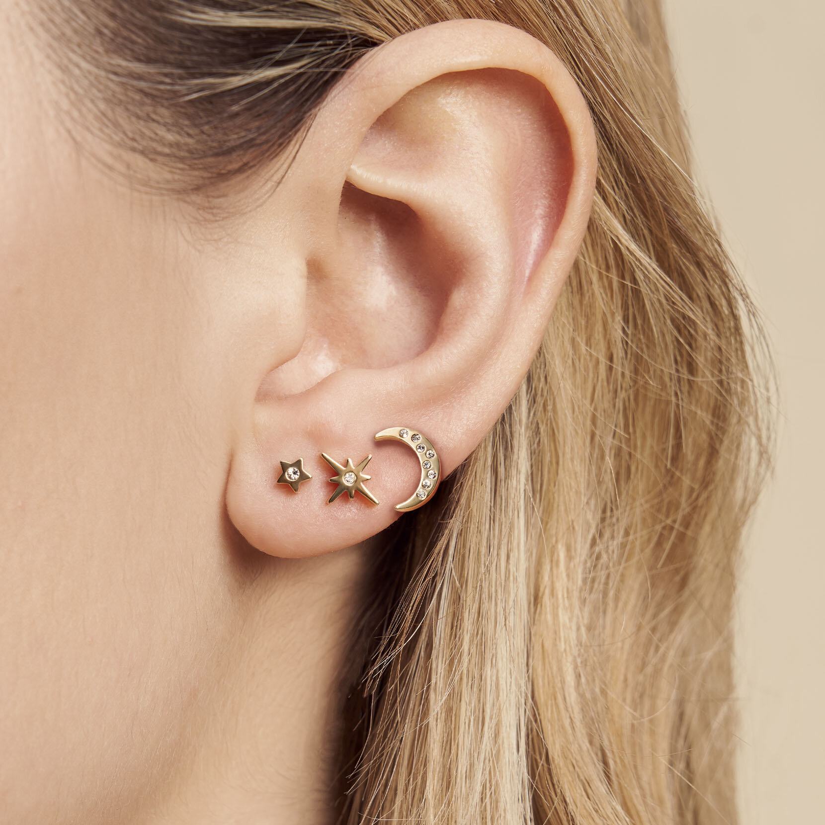 North Star & Moon Gold Stud Earrings Set