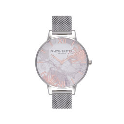 Abstract Florals Silver Mesh Watch  