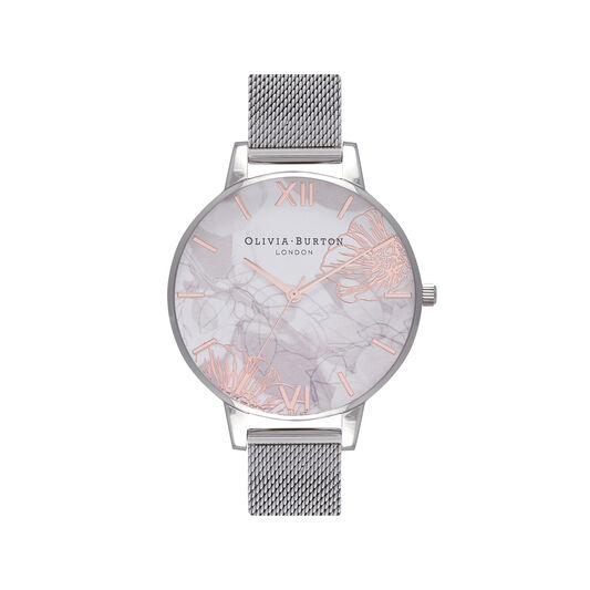 Abstract Florals Silver Mesh Watch