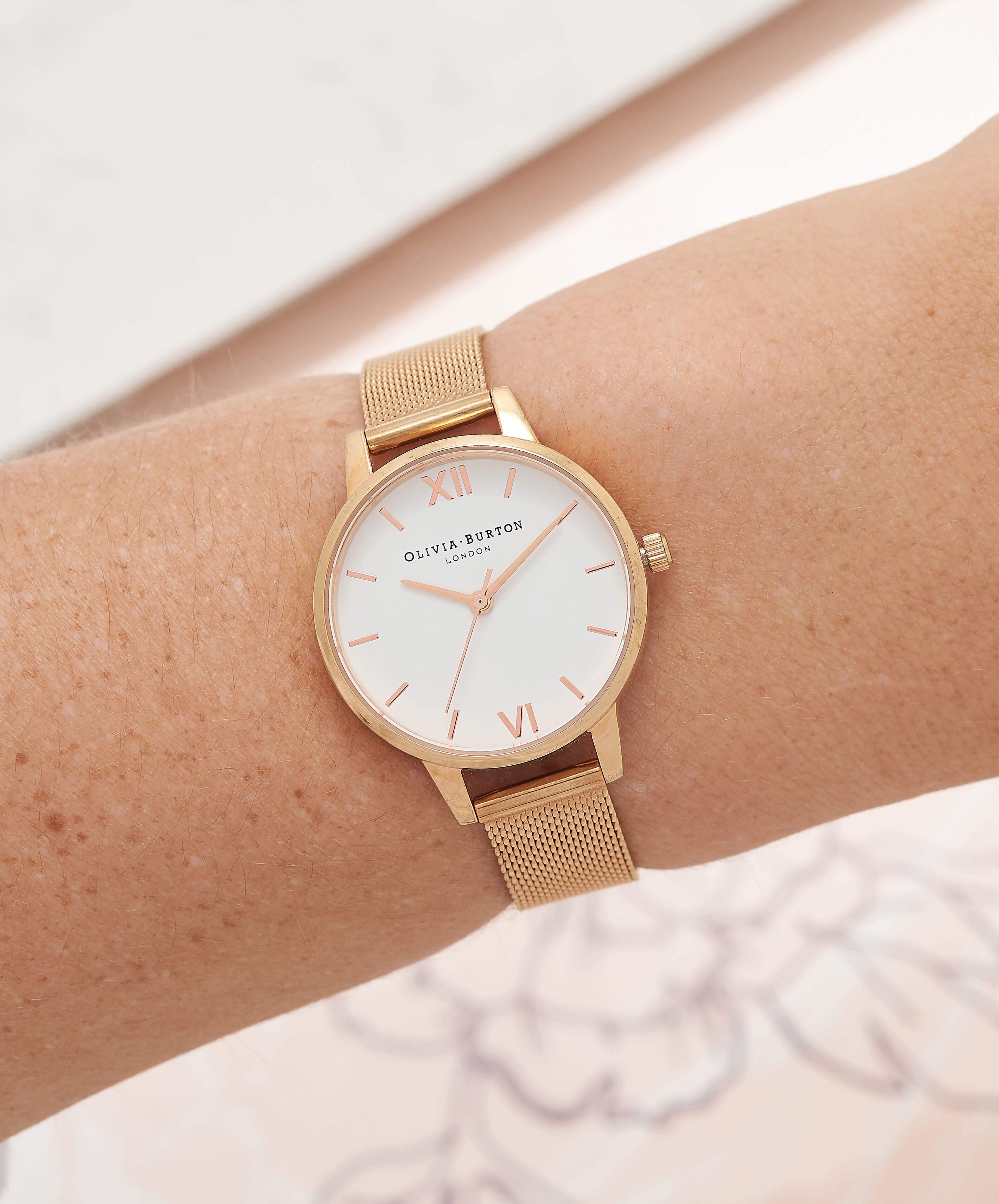 Townhouse 21mm Rectangle White & Carnation Gold Mesh Watch | Olivia Burton  London