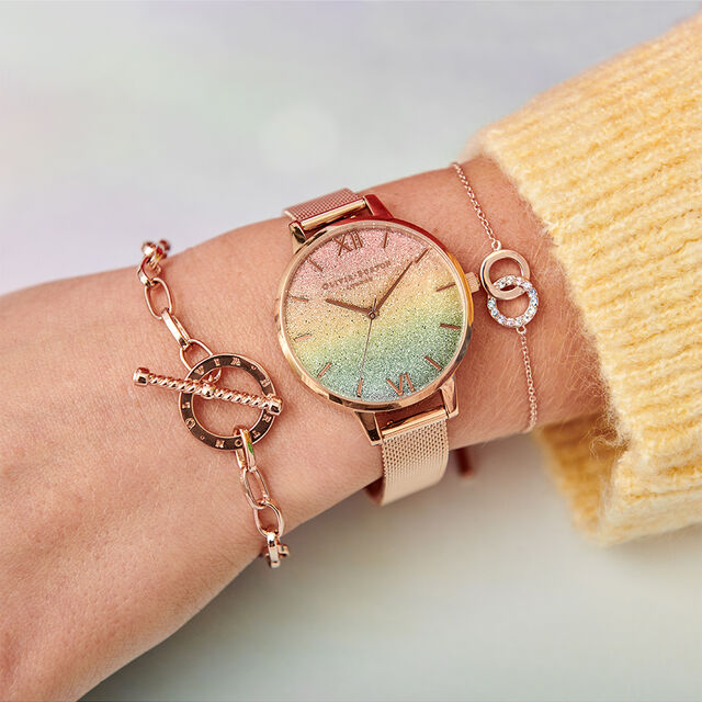 Rainbow Glitter Dial & Rose Gold Mesh