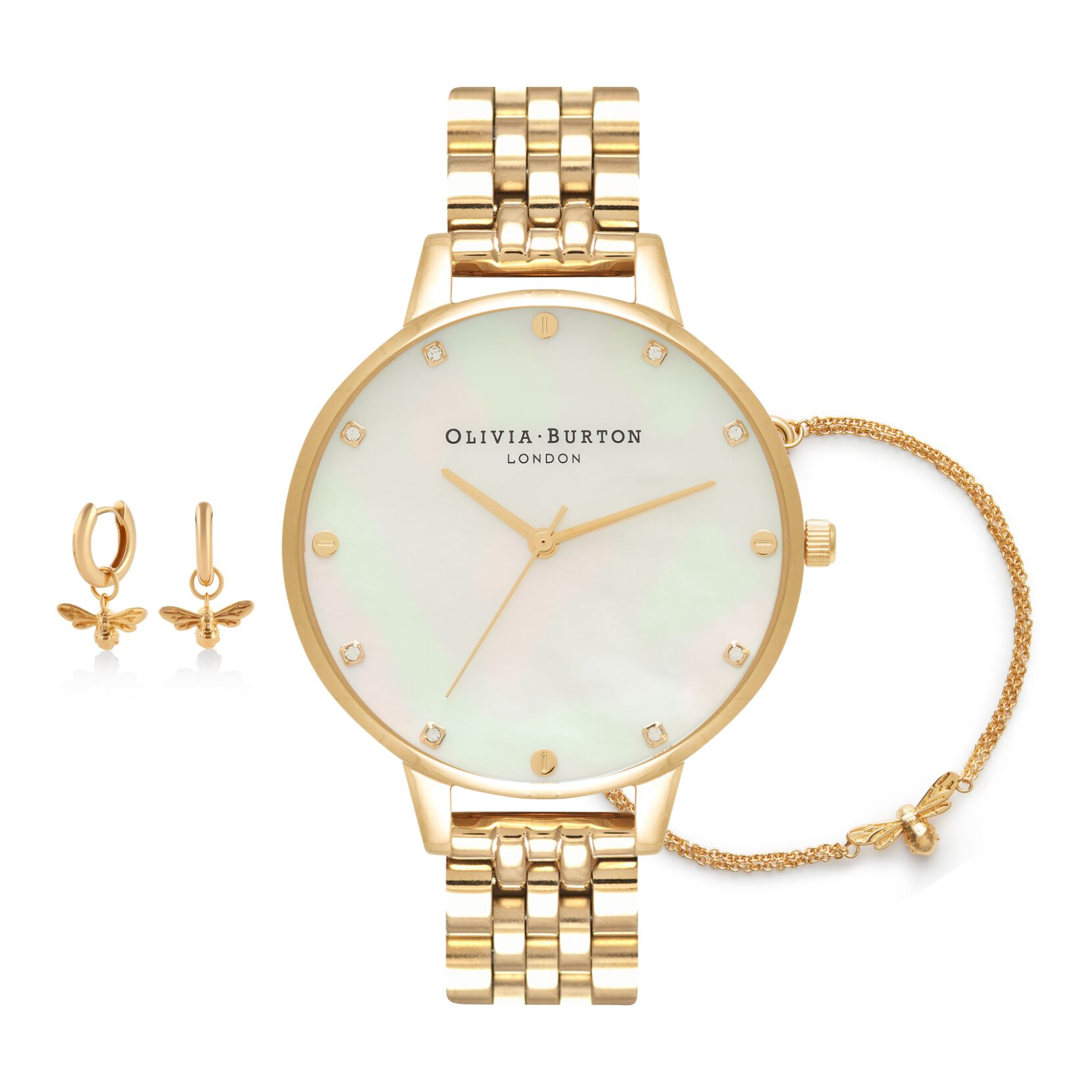 The Classics Gold Mother of Pearl Watch, Lucky Bee Bracelet & Huggie Bundle