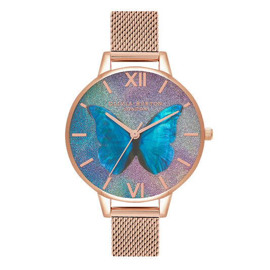 Glitter Demi Dial Mother Of Pearl Butterfly Rose Gold Mesh Watch