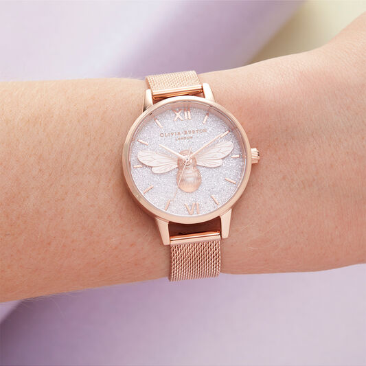Glitter Dial Lucky Bee & Rose Gold Mesh