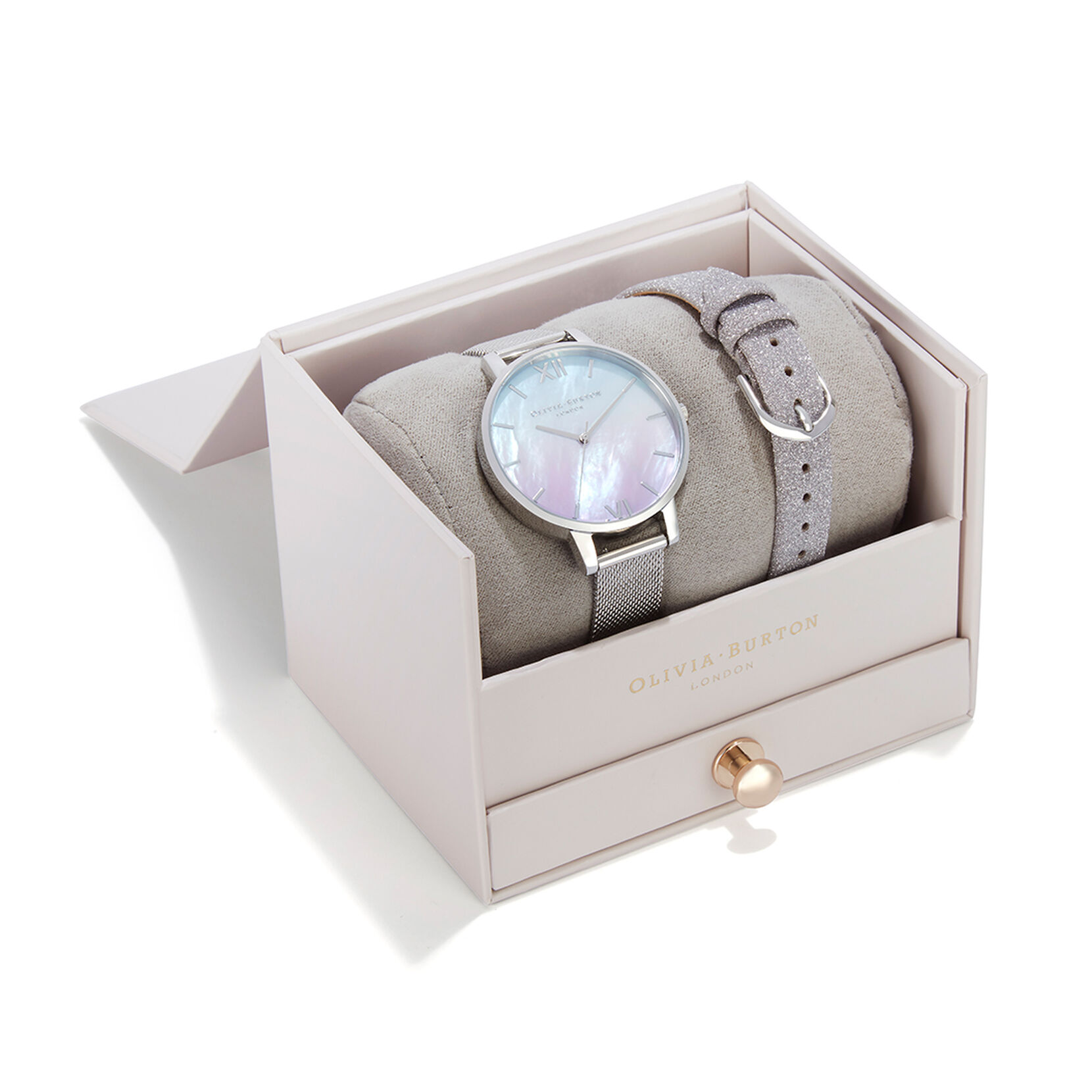 Ombre Mother Of Pearl Dial Watch with Lilac Glitter Strap & Silver Mesh Strap Set