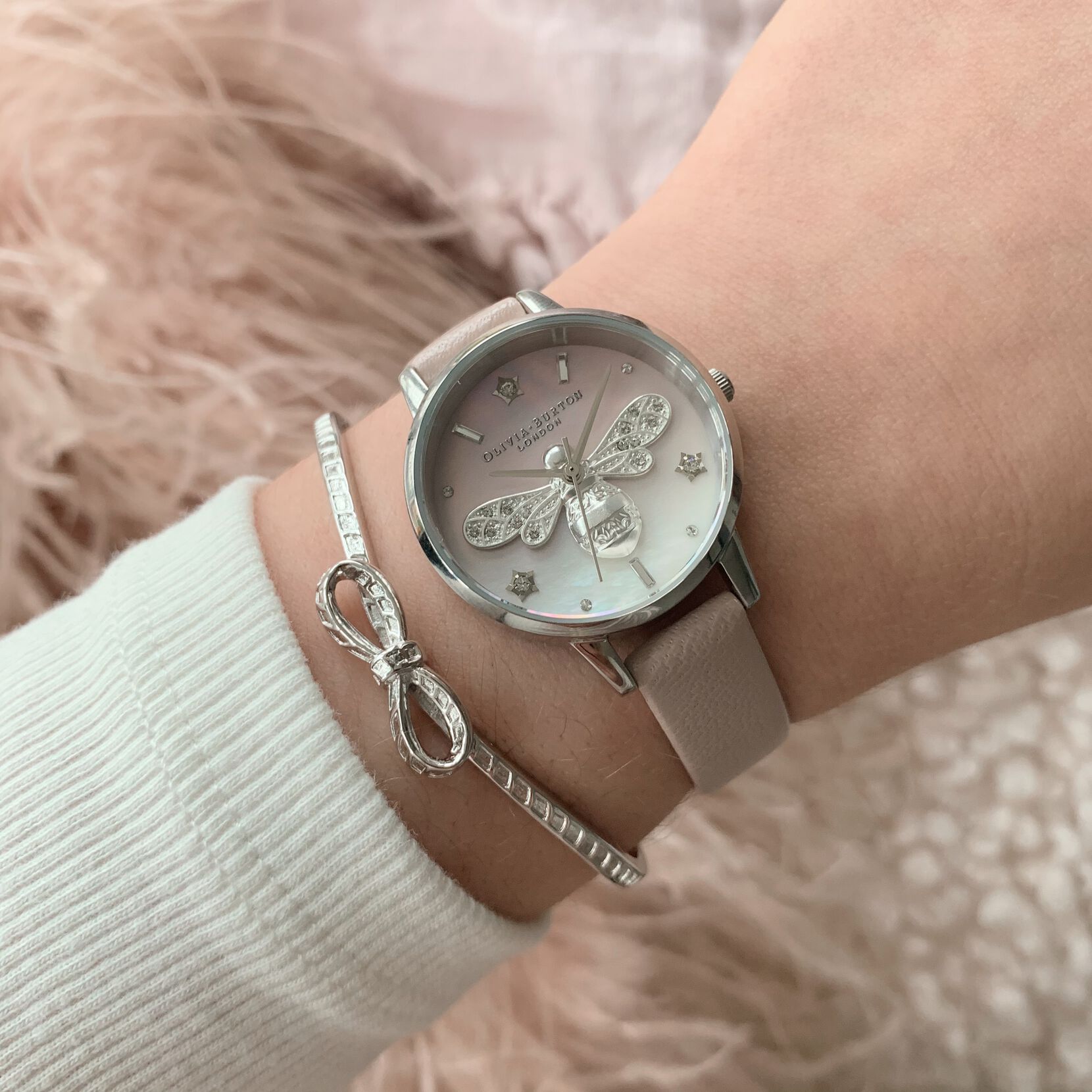 Sparkle Bee 30mm Silver & Blush Leather Strap Watch