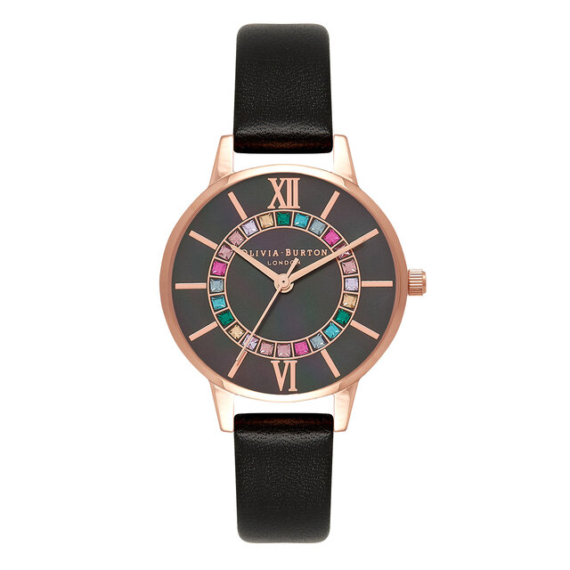 30mm Rose Gold & Black Leather Strap Watch