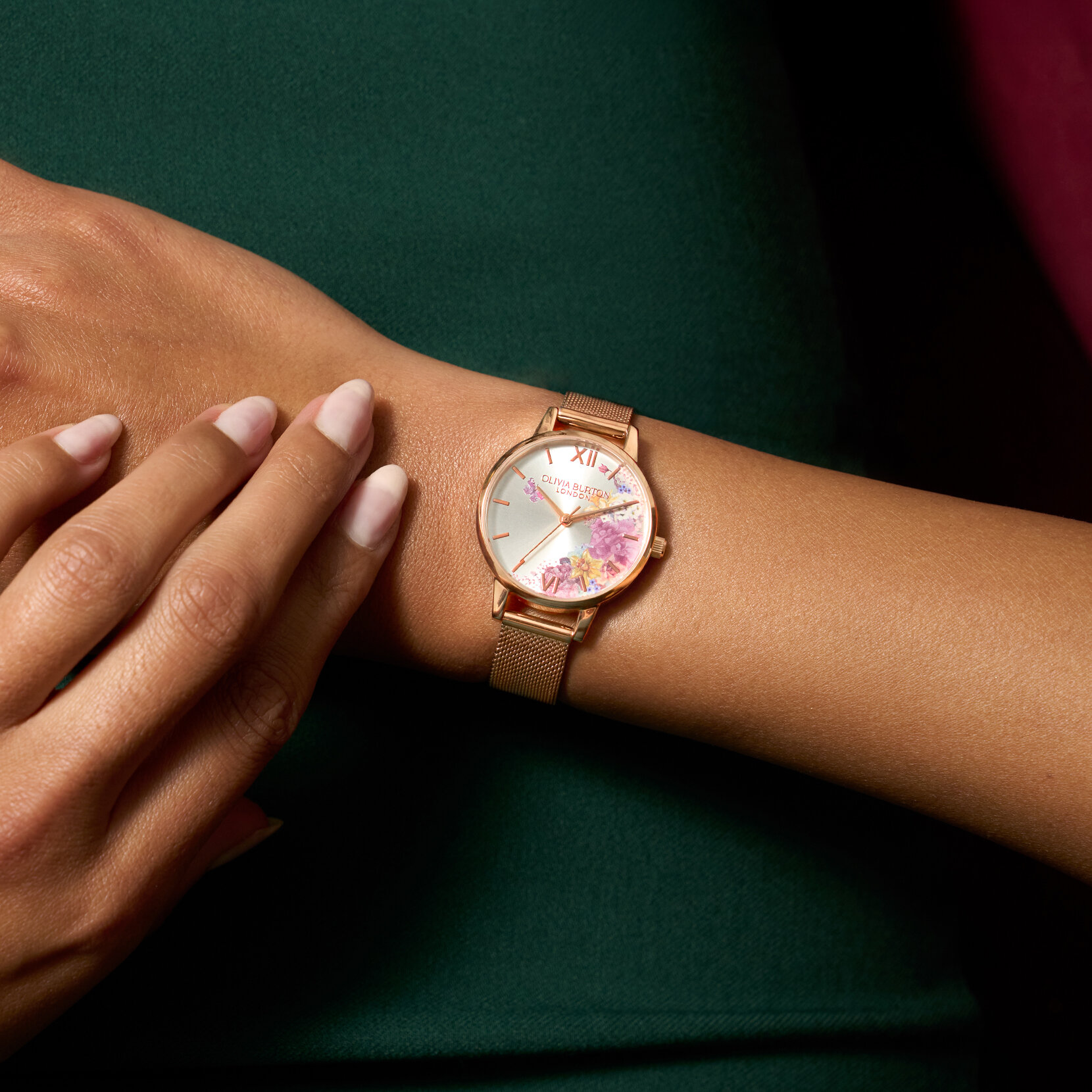 30mm Illustrated Florals Rose Gold Mesh Watch
