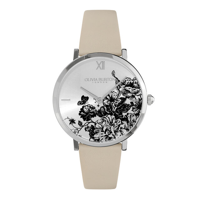 35mm Floral Blooms Ultra Slim Silver & Antique Pearl Leather Strap Watch
